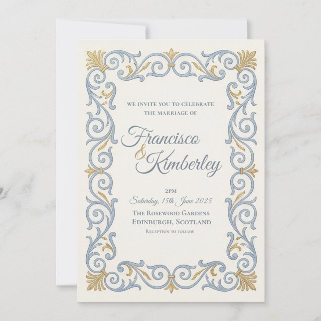 Invitación de boda rococó de oro azul pálido (Anverso)