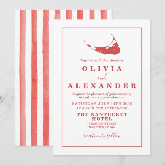 Invitación de boda roja de Nantucket ACK (Anverso / Reverso)