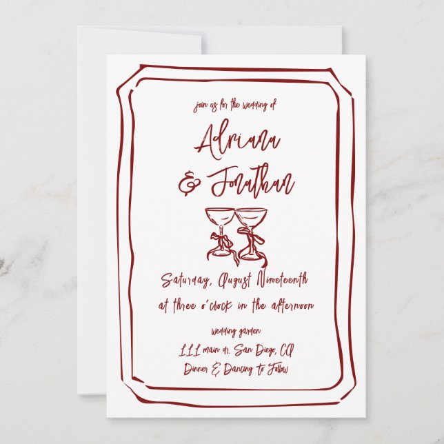 Invitación de boda roja granate dibujada a mano (Anverso)