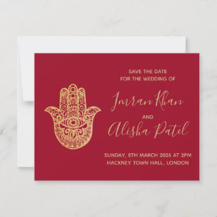 Invitación de boda roja Hamsa Henna Gold Desi