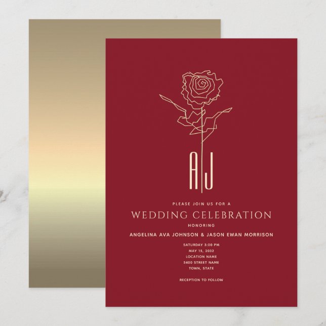 Invitación de boda roja y dorada con monograma (Anverso / Reverso)