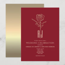 Invitación de boda roja y dorada con monograma