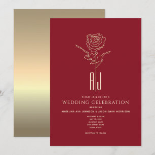 Invitación de boda roja y dorada con monograma