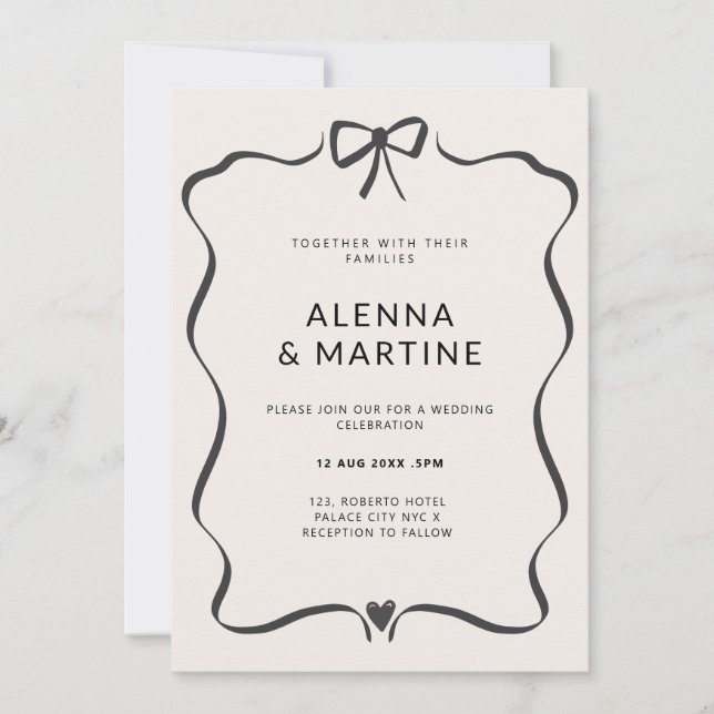 Invitación de Boda Romance con Lazo Caprichoso (Anverso)
