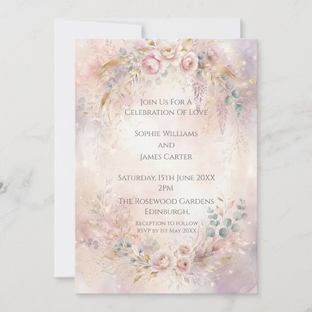 Invitación de Boda Romance Floral Rosado (Anverso)