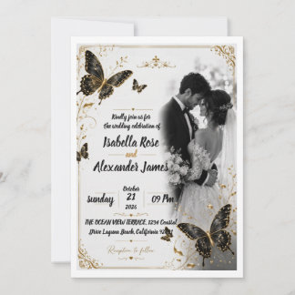 Invitación de Boda Romance Mariposa Dorada