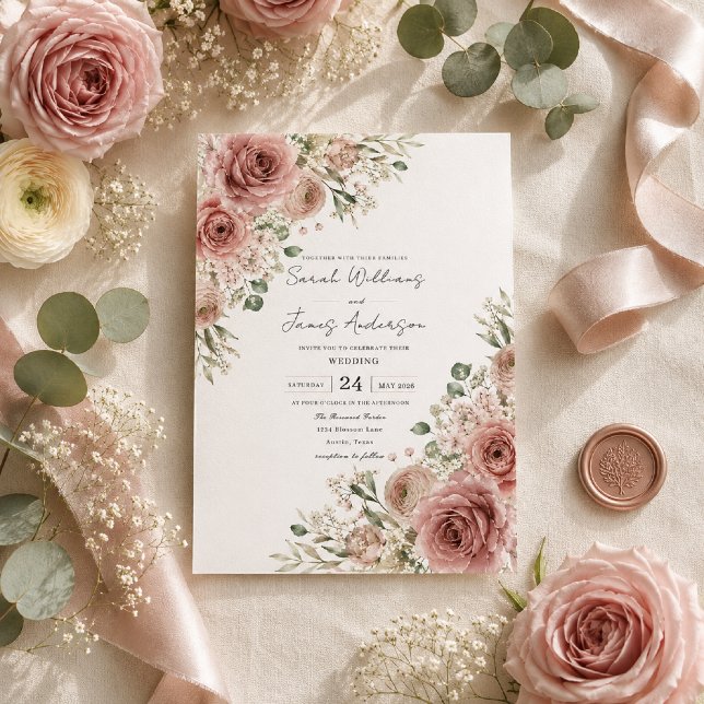 Invitación de boda romance rosa polvorienta (Luxury flat lay featuring our Dusty Rose Romance wedding invitation on premium ivory cardstock.)