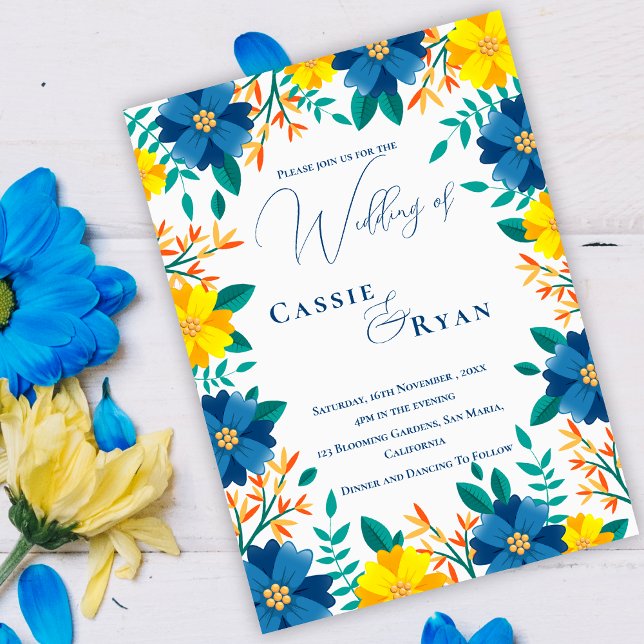 Invitación de Boda Romántica Azul Amarillo Floral (Romantic Blue Yellow Floral Wedding Invitation)