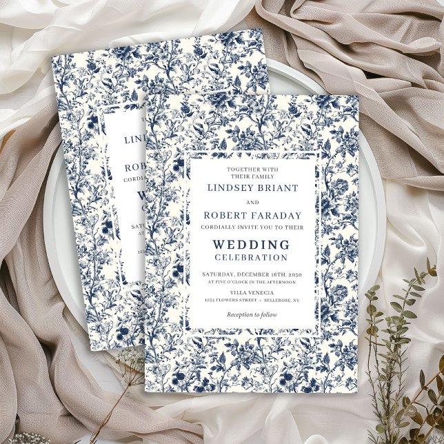 Invitación de boda romántica azul de Toile Francés (Vintage French Toile Blue Romantic Wedding Invitation)