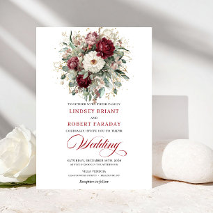 Invitación de boda romántica borgoña floral dorada