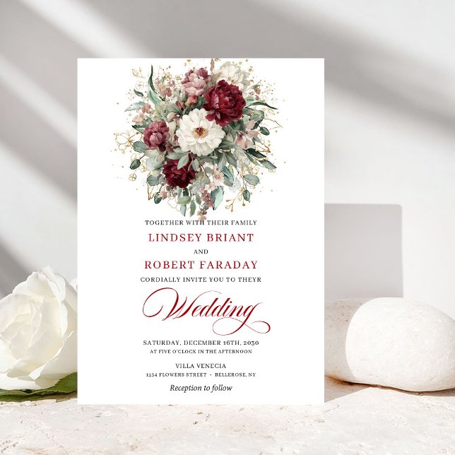 Invitación de boda romántica borgoña floral dorada (Romantic Burgundy White Floral Gold Wedding Invite)