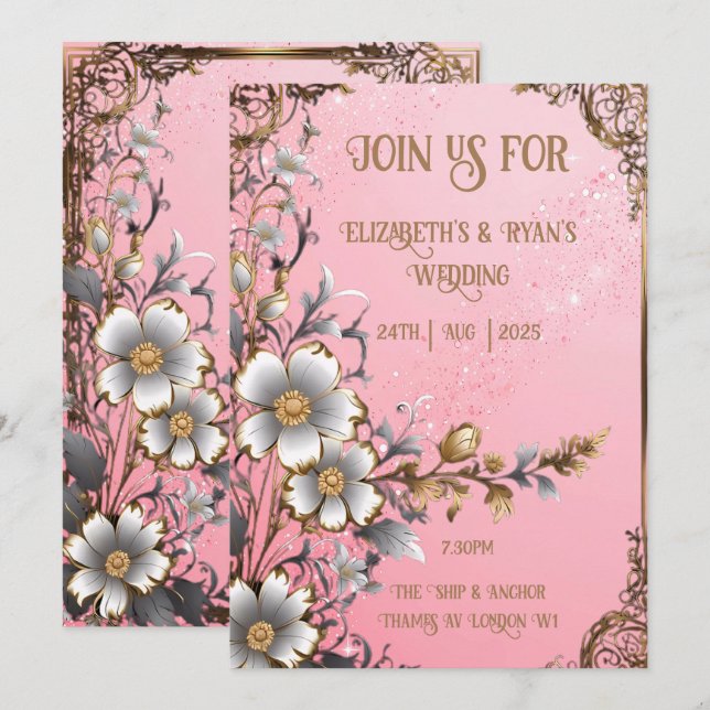 Invitación de Boda Romántica con Flores Rosadas y  (Anverso / Reverso)