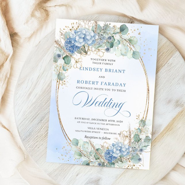 Invitación de boda romántica con marco dorado y fl (Romantic Blue Floral Gold Frame Wedding Invitation)
