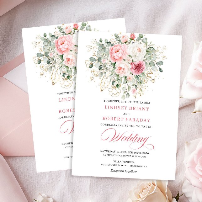 Invitación de boda romántica con rosas y vegetació (Romantic Blush Roses Greenery Gold Wedding Invite)