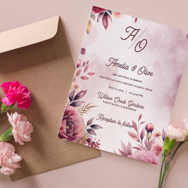 Invitación de boda romántica con toque etéreo en c (Ethereal Mauve Fine Art Floral Wedding Invitation  | Romantic Blush Watercolor Wedding Invitation)
