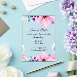 Invitación de boda Romántica con Toque Rosado y Az