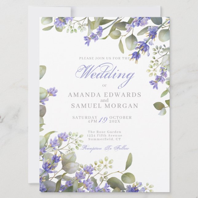 Invitación de boda romántica de eucalipto y lavand (Anverso)