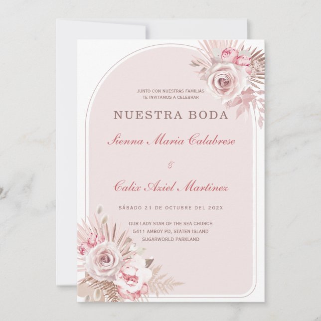 Invitación de Boda Romántica en Tono Rosa Pastel con Flores (Anverso)
