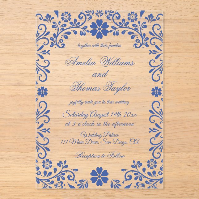 Invitación de boda romántica floral azul (Anverso)
