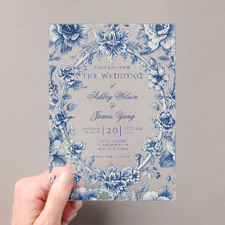 Invitación de Boda Romántica Floral Azul Elegante