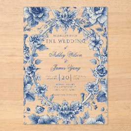 Invitación de Boda Romántica Floral Azul Elegante