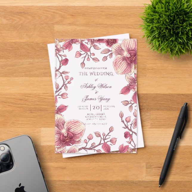 Invitación de Boda Romántica Floral de Orquídea Ro (Insitu (Tarjeta de Invitación))