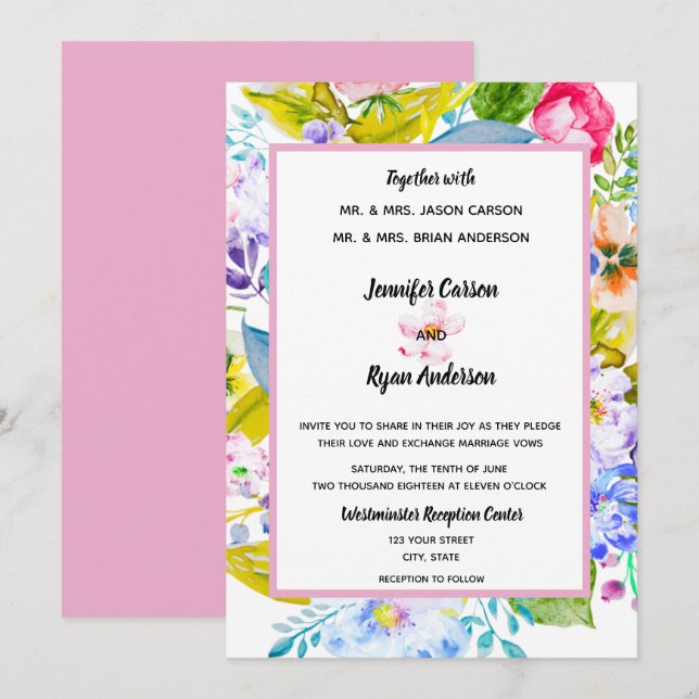 Invitación de boda romántica floral rosa moderna (Anverso / Reverso)