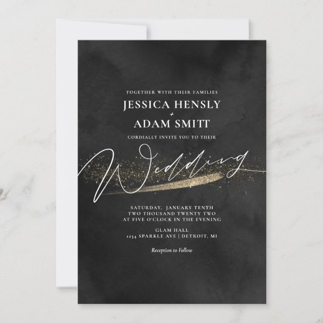 Invitación de boda romántica moderna negra y dorad (Anverso)