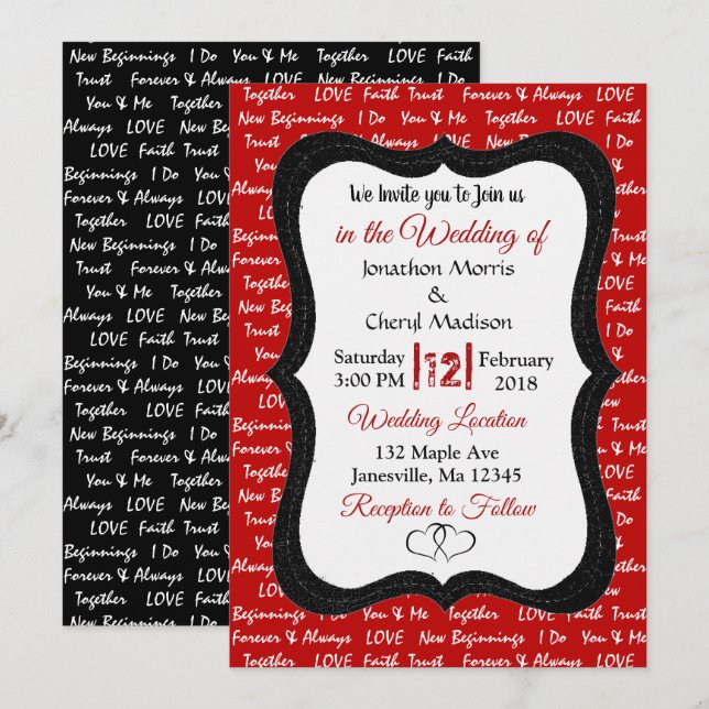 Invitación de boda romántica moderna negra y roja (Anverso / Reverso)