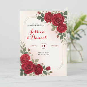 Invitación de Boda Romántica Rosa Carmesí
