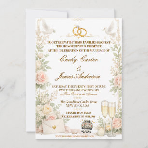 Invitación de Boda Romántica Rosa y Paloma