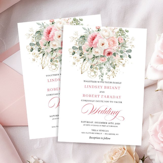 Invitación de Boda Romántica Rosas Rosadas Verde D (Romantic Blush Roses Greenery Gold Wedding Invite)