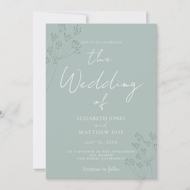 Invitación de boda romántica verde con follaje (Anverso)