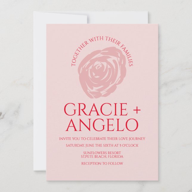Invitación de boda rosa abstracta roja (Anverso)