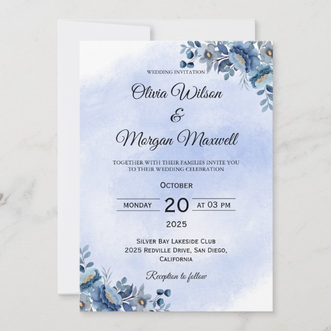 Invitación de boda Rosa Azul Suave (Anverso)