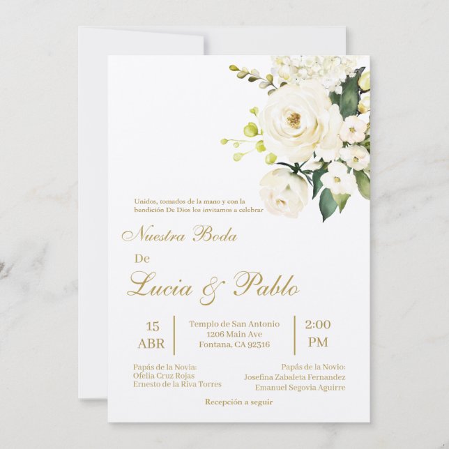 Invitación de boda rosa blanca en español (Anverso)
