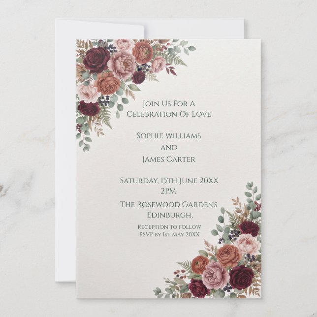 Invitación de Boda Rosa Borgoña (Anverso)
