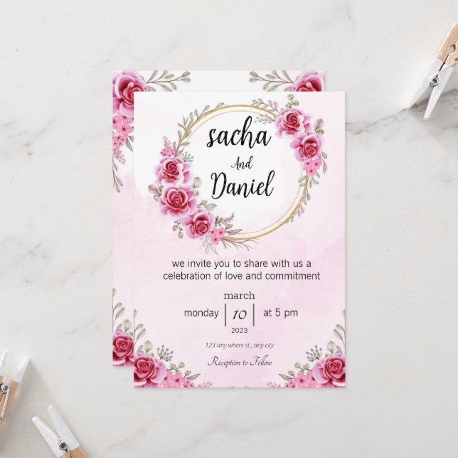 invitación de boda rosa, celebración de amor (Anverso/Reverso In Situ)