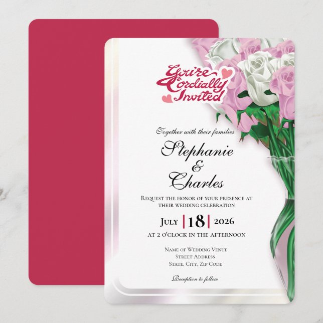 Invitación de Boda Rosa con Rosa - Letras Rojas 2 (Anverso / Reverso)