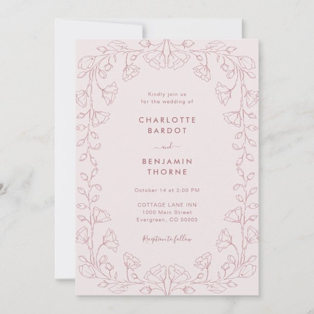 Invitación de boda rosa de rubor romántico (Anverso)