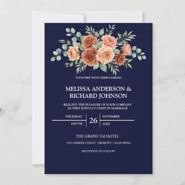 Invitación de Boda Rosa de Terracota Azul Marino (Anverso)