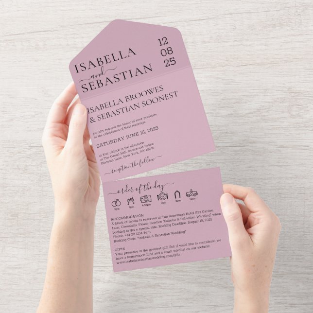 Invitación de boda rosa desvanecido todo en uno gu (desgarro)