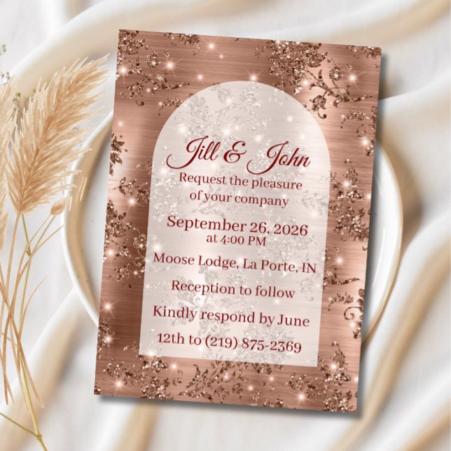 Invitación de boda rosa dorado arco brillo (Subido por el creador)