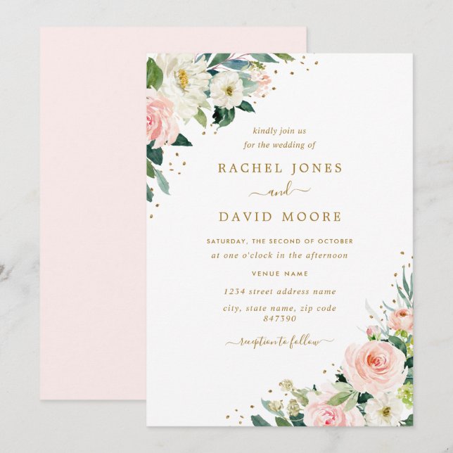 Invitación de Boda Rosa Floral con Dorado (Anverso / Reverso)
