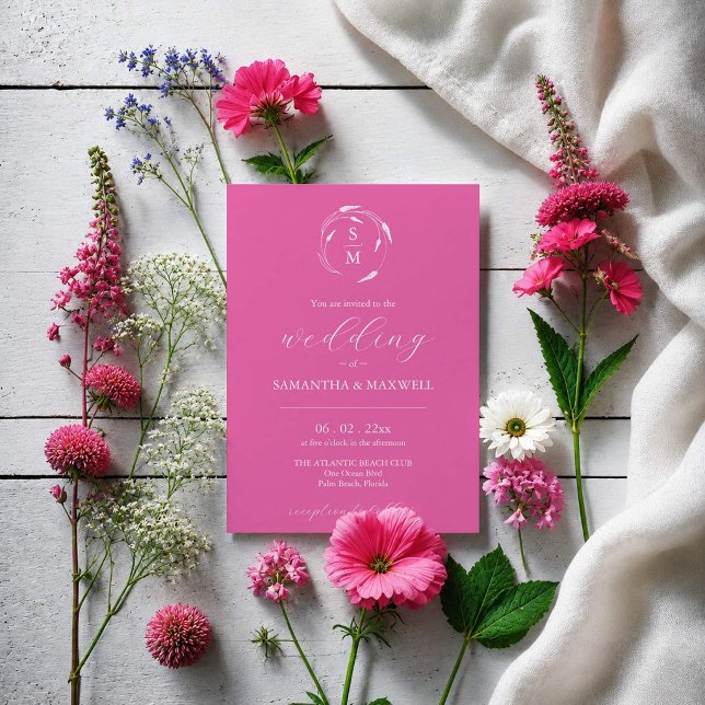 Invitación de boda rosa fucsia con código QR (Dark pink wedding invitations designed with hand drawn floral line art by Do Tell A Belle)