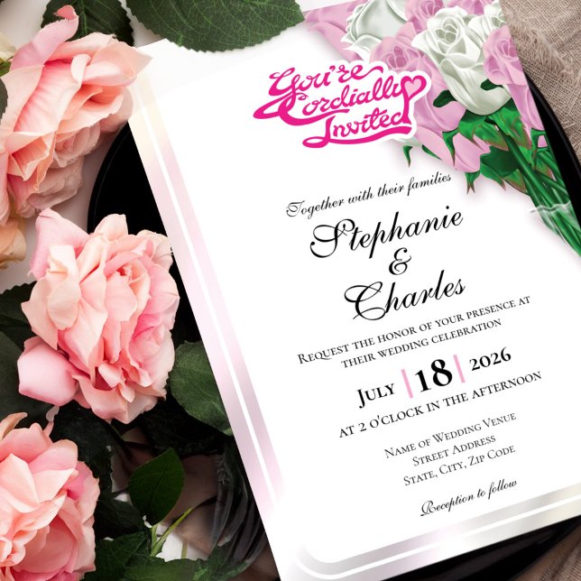 Invitación de Boda Rosa - Letra Rosa 2 (Pink and White roses in vase wedding invite design with pink heading)