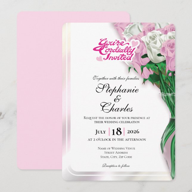 Invitación de Boda Rosa - Letras Rosas 2 (Anverso / Reverso)
