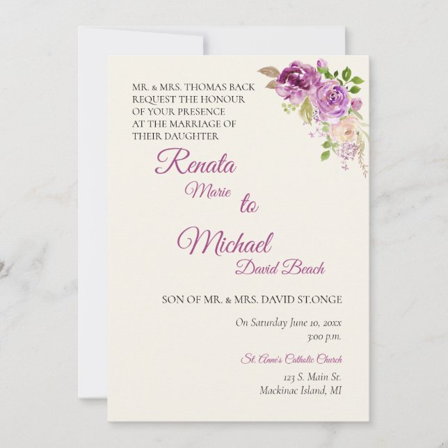 Invitación de boda Rosa Lila (Anverso)