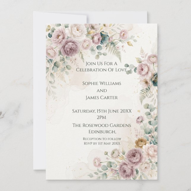 Invitación de boda Rosa Malva (Anverso)