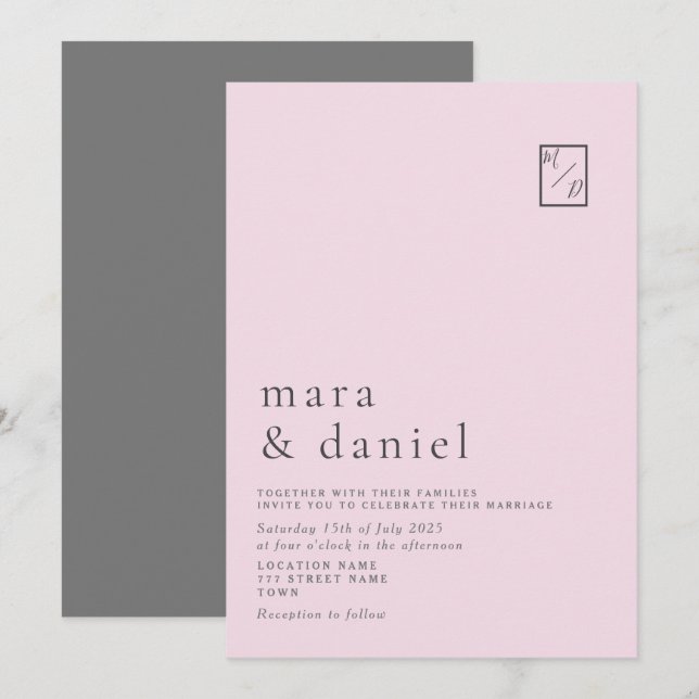 Invitación de boda rosa moderna minimalista (Anverso / Reverso)